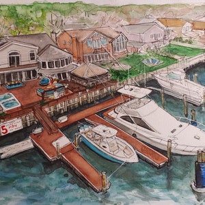 May include: A watercolour painting of a waterfront home with a dock and several boats. The home has a large deck with a hot tub and a sign that reads "5 MPH No Wake".