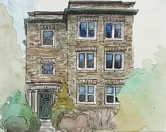 Original handpainted watercolor painting by Erica Harney, Philly stone house illustration, cityscape watercolor, West Philly Delco art