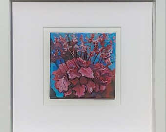 Original miniature handpainted oil painting by Erica Harney, coral bells painting, heuchera painting, shadowbox painting, square wall art