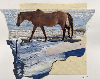 Original handmade cut paper collage, peeled paint collage, Erica Harney paint skin, abstract wall art, square wall art, Assateague wild pony