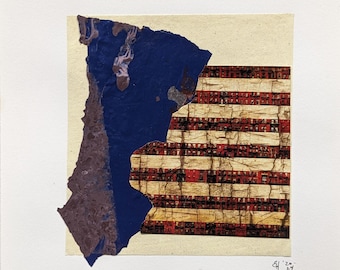 Original handmade cut paper collage, peeled paint collage, Erica Harney paint skin, abstract art, american flag abstract, square framed art