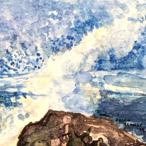 May include: Watercolor painting of a rocky outcrop with a blue and white sky above. The artist's signature, "Erica Harney '34", is visible in the lower right corner.