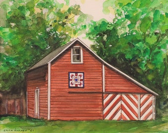 Original handpainted watercolor painting by Erica Harney, red barn watercolor painting, North Dakota landscape painting, barn illustration