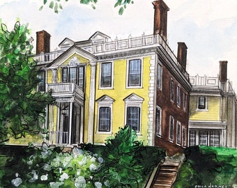 Original handpainted watercolor painting by Erica Harney, Providence RI house illustration, yellow house watercolor, Rhode Island painting