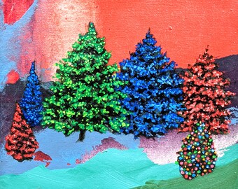 Original handpainted oil painting by Erica Harney, colorful Christmas tree painting, winter landscape, square wall art, christmas landscape