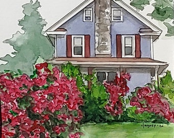 Original handpainted watercolor painting by Erica Harney, spring landscape painting, rose garden watercolor painting, house illustration