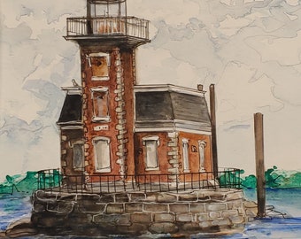 Original handpainted watercolor painting by Erica Harney, Stepping Stones lighthouse watercolor painting, lighthouse watercolor nautical art