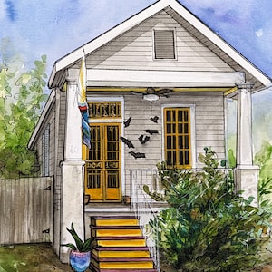 Original handpainted watercolor painting by Erica Harney, grey New Orleans shotgun house with faux bats, macabre NOLA house illustration