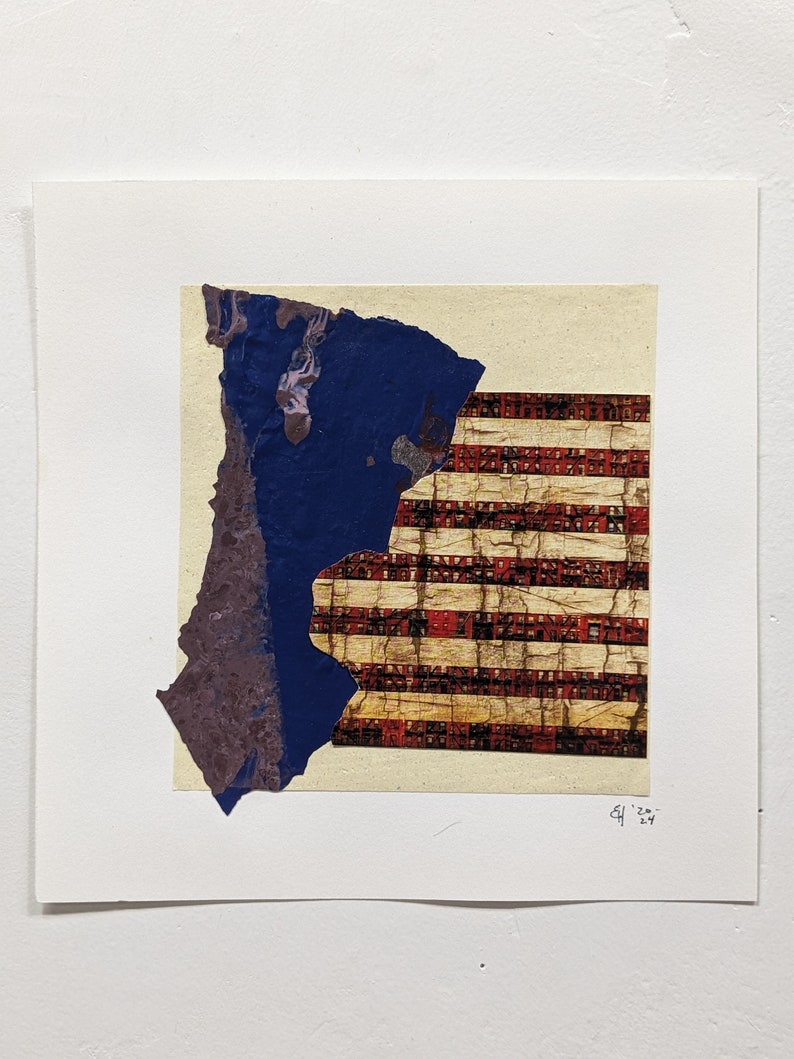 Original handmade cut paper collage, peeled paint collage, Erica Harney paint skin, abstract art, american flag abstract, square framed art 8x8" unframed