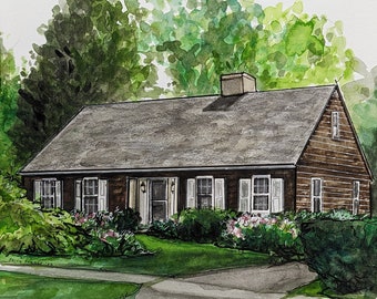 Original handpainted watercolor painting by Erica Harney, Swarthmore house watercolor painting, cottage watercolor painting, house portrait