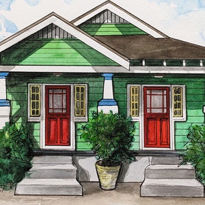 Original handpainted watercolor by Erica Harney, New Orleans watercolor painting, green shotgun house watercolor, NOLA house illustration