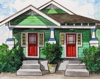 Original handpainted watercolor by Erica Harney, New Orleans watercolor painting, green shotgun house watercolor, NOLA house illustration