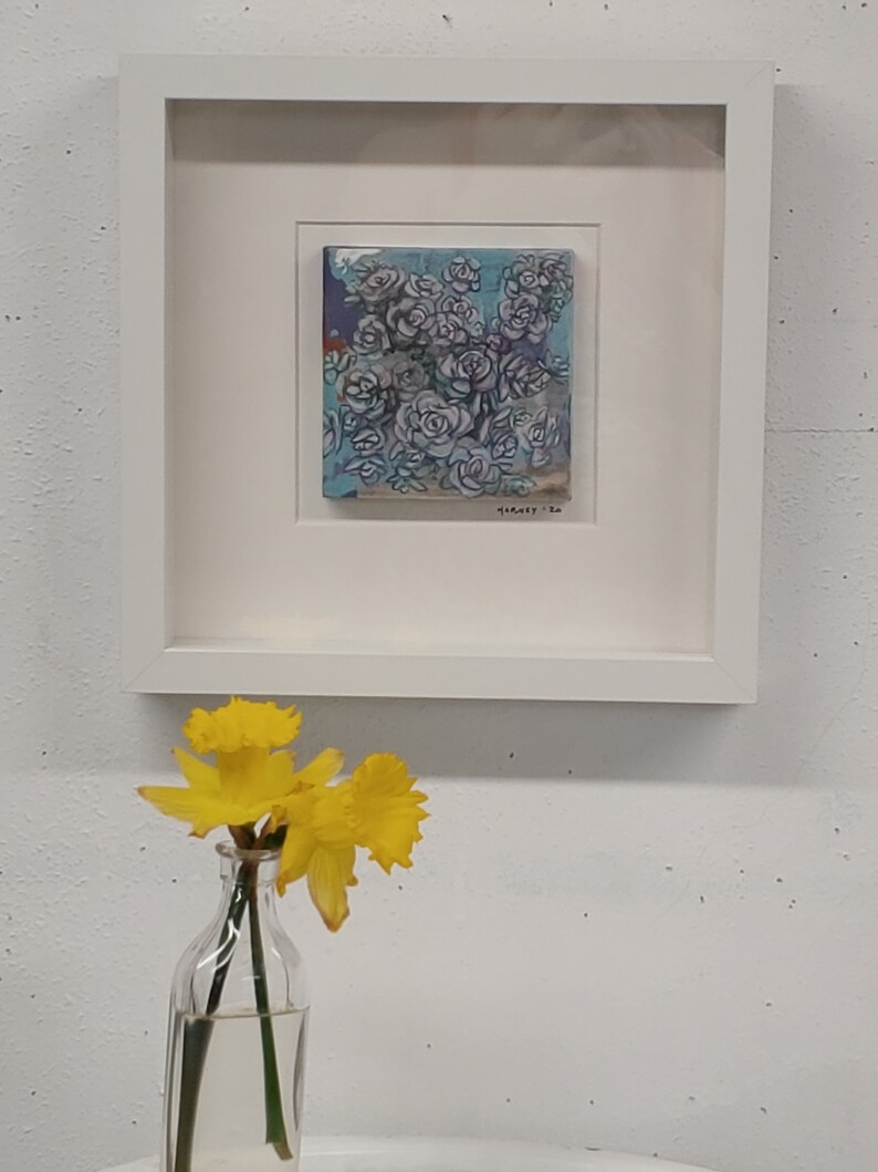 Original miniature handpainted oil painting by Erica Harney, sedum painting, shadowbox painting, square wall art, tiny painting of flowers image 6