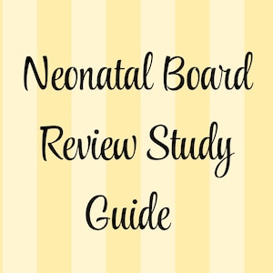 May include: A study guide with a light yellow and cream vertical striped background. The text Neonatal Board Review Study Guide is printed in a black, cursive, script-style font centered on the page, clearly visible against the striped backdrop.