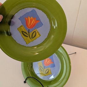 Two Vintage Arcoroc France Matys Green Tulip Glass Salad/Dessert Plates.
