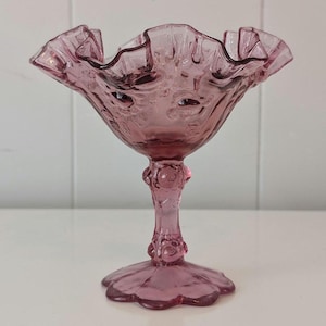 Vintage Candy Dish, Fenton Art Glass Dusty Rose Raised Roses 1988