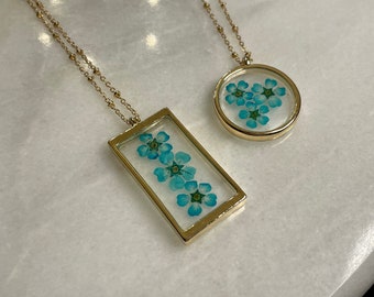 Pressed Blue Flowers in Resin Necklace