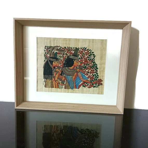 エジプトのパピルス画、額入り、本物のヴィンテージアート作品、署名 