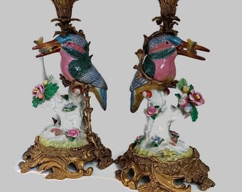 Vintage Set of 2 candle stands, European brass candlesticks, Ormolu Brass mounted porcelain candle holders bird motif luxury decor
