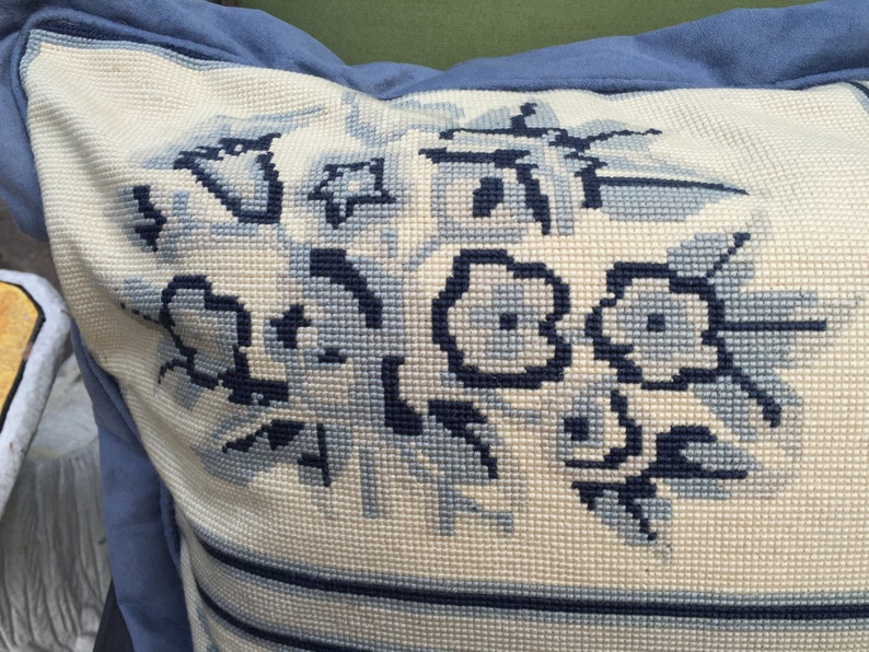 Pair of Large Blue & White Needlepoint Pillowsdown Filled Etsy