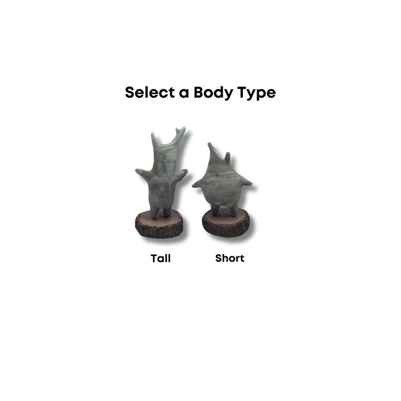 May include: Two ceramic figurines, one tall and one short, with a green and white glaze. The figurines are standing on wooden bases. The text "Select a Body Type" is above the figurines. The tall figurine is labeled "Tall" and the short figurine is labeled "Short".