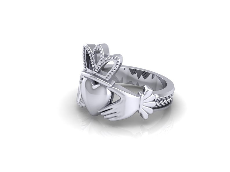 Irish Claddagh Solitare Ring 18K White Gold