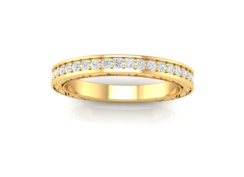 Floral Engraved Womens Wedding Band Stackable With Milgrain Work 14k Yellow Gold Trijewels