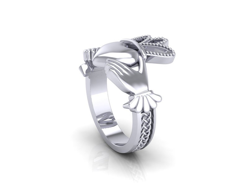 Irish Claddagh Solitare Ring 18K White Gold