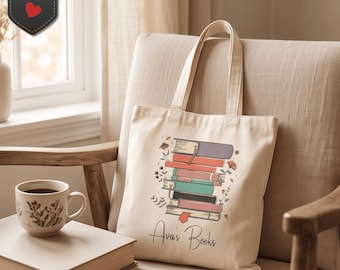 Stack of Books Tote Bag, Illustrated Bookstack Canvas Tote, Reading Library Design, Luxury Soft Glam Accessory, Aesthetic Bossy Chic Gift