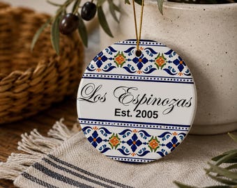 Personalized  Double Sided Talavera Ceramic Ornament | Blue Tile Pattern