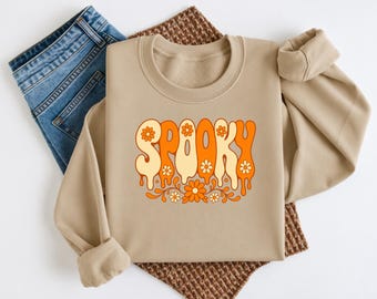Retro Spooky Sweatshirt, Groovy Halloween Crewneck, Floral Spooky Season Shirt, Unisex Fall Sweater, 70s Inspired Halloween Top