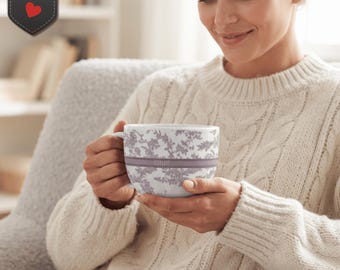 Floral Lace Stripe Ceramic Latte Mug, 25oz Large Cup, Luxury Soft Glam Drinkware, Aesthetic Girly Bossy Chic Gift, Pink Kitchen Accessory