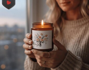Floral Bouquet Amber Jar Soy Candle Set, Matches & Wick Trimmer, Luxury Soft Glam Decor, Aesthetic Bossy Chic Farmhouse Style, Gift