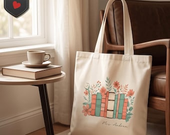 Stacked Floral Books Tote, Book Lover Library Illustration, Luxury Soft Glam Accessory, Aesthetic Bossy Chic Market Bag, Stylish Gift