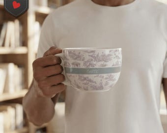 Pastoral Toile Pattern Ceramic Latte Mug, 25oz Large Cup, Luxury Soft Glam Drinkware, Aesthetic Girly Bossy Chic Gift, Pink Kitchen Decor