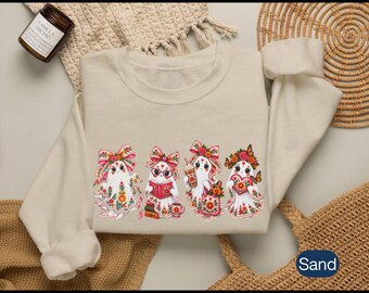 Gildan Spooky Bonita Folk Art Ghost Sweatshirt: Colorful Halloween Crewneck with Books and Coffee