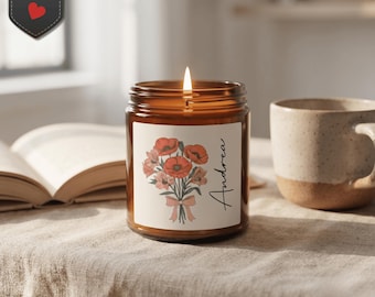 Red Floral Bouquet Candle Gift Set, Personalized Label, Matches & Wick Trimmer, Luxury Soft Glam Decor, Aesthetic Bossy Chic Farmhouse