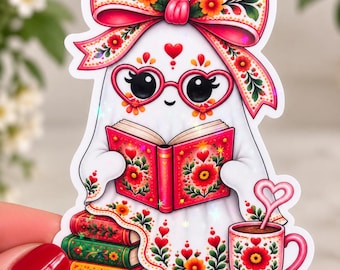 Spooky Reader Ghost Sticker, Mexican Folk Art Floral, Holographic Vinyl Decal (2.75 x 3.75 inches)