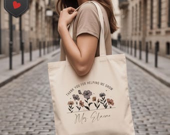 Wildflower Bouquet Tote Bag, Handlettered Script, Neutral Floral Illustration, Luxury Soft Glam Accessory, Aesthetic Bossy Chic Gift