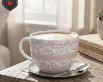 Pink Lace Pattern Latte Mug, 25oz Ceramic Cup, Luxury Soft Glam Drinkware, Aesthetic Girly Bossy Chic Kitchen Accessory, Pink Coffee Mug