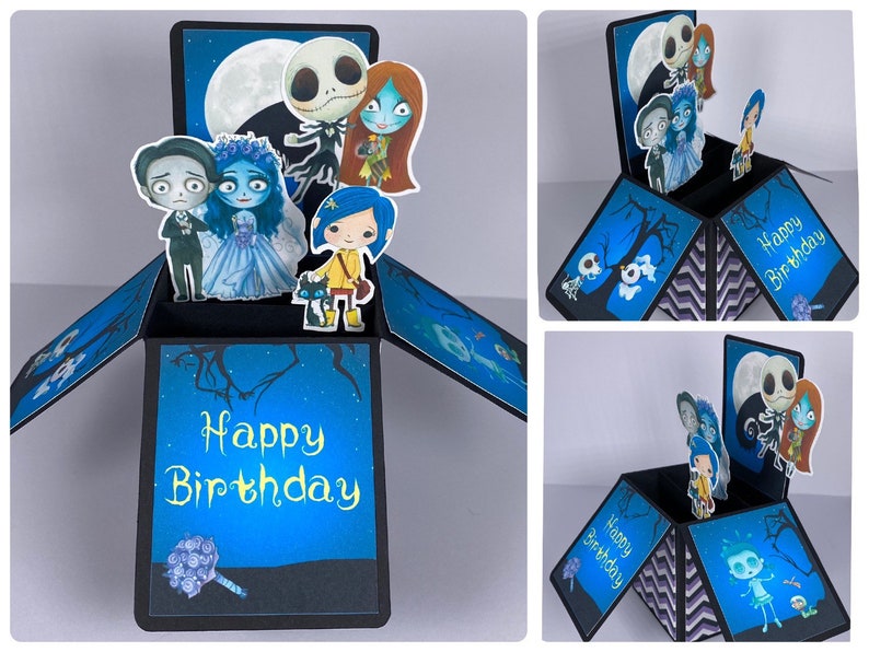 May include: A pop-up birthday card with a black and blue color scheme. The card features characters from the Nightmare Before Christmas and Coraline. The card is open and the pop-up features Jack Skellington, Sally, Coraline, and other characters. The card has the words 'Happy Birthday' on the front and inside.
