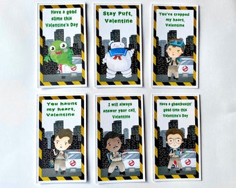 May include: Set of ten printable Valentine's Day cards featuring characters from the Ghostbusters movie. Each card has a different quote and illustration. The cards are printed on white cardstock with black and yellow stripes.