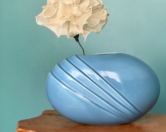 Vintage 80s Blue Oval Ceramic Vase TaraLynEvansStudio