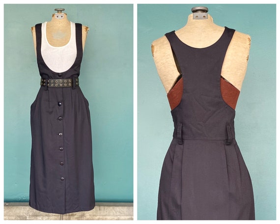 Pinafore 80s Black Overall Apron Dress Vintage Mid