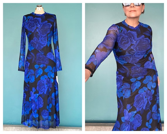 Mesh Dress Y2K Dress Blue Floral Dress Sheer Dres… - image 1