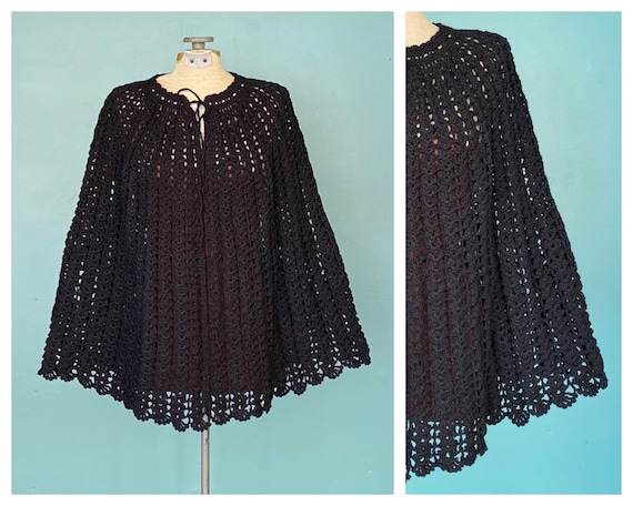 Vintage Crochet Black Festival Poncho Crochet Blac