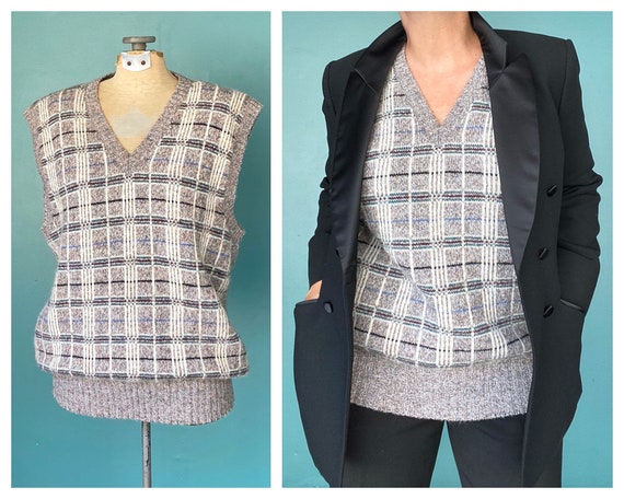 Plaid 70s Wool Knit Womens Sweater Vest Vintage Kn