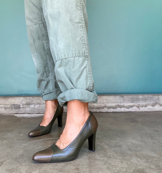 Vintage 80s Olive Green High Heels Bruno Magli Lea