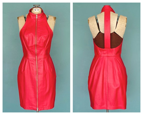 Michael Hoban Red Leather Dress Halter Dress Tara… - image 1