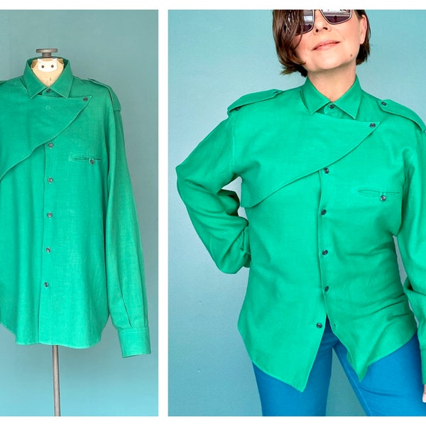 Vintage 80s Green Wool Winter Shirt Button Up Shirt Retro Shirt 80s New Wave Button Down Blouse 80s Clothes TaraLynEvansStudio